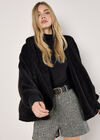 Fleece Waterfall Hooded Cardigan, Black, large