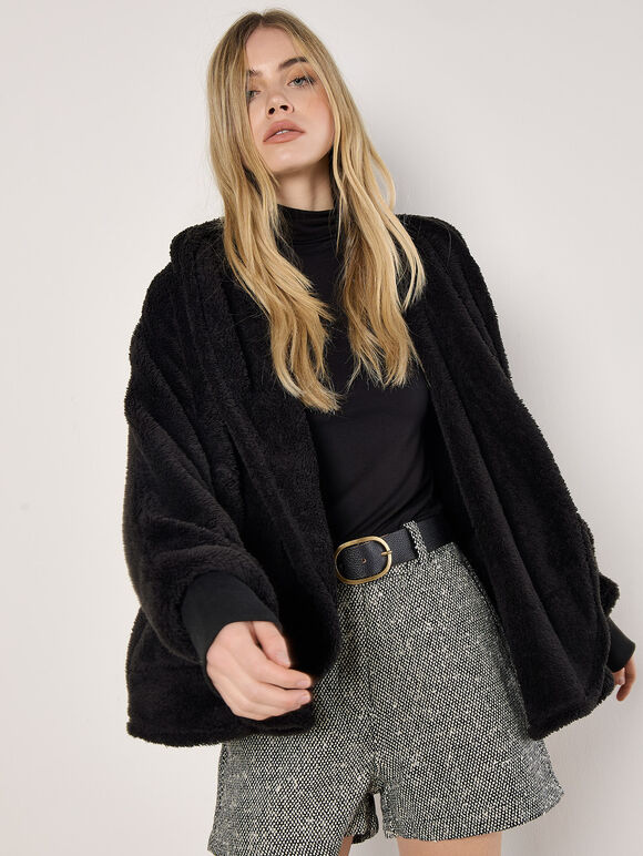 Fleece Waterfall Hooded Cardigan, Black, large