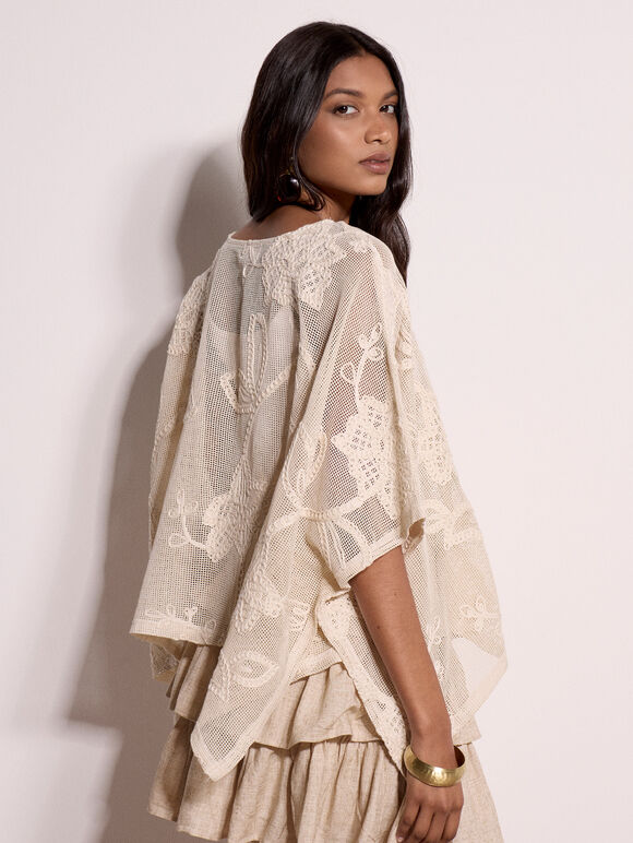 Cotton-Blend Mesh Floral Embroidered Top, Stone, large