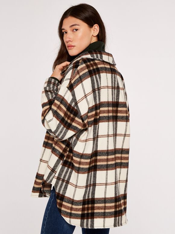 Plaid Wool Shacket, Cream, large