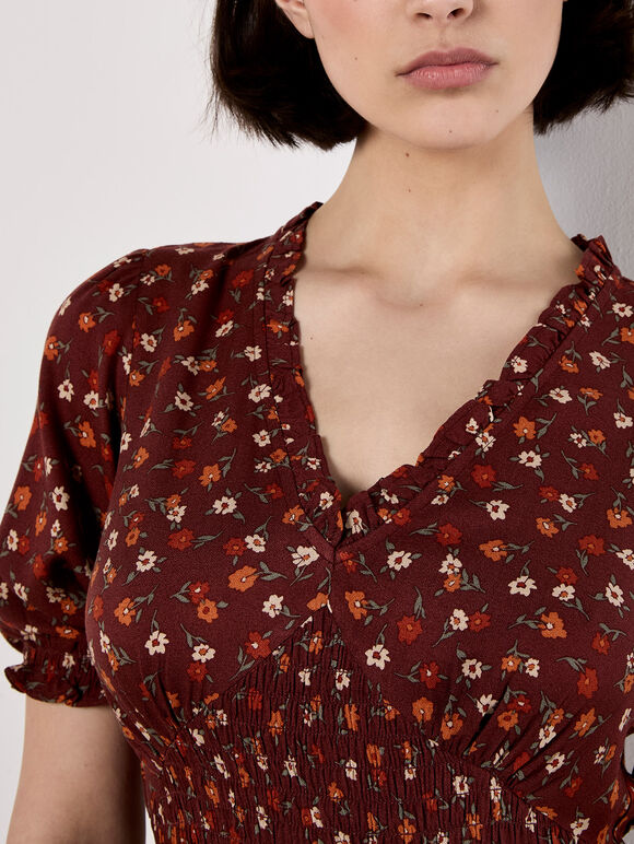 Ditsy Floral Smocked Midi Dress, Burgundy, large