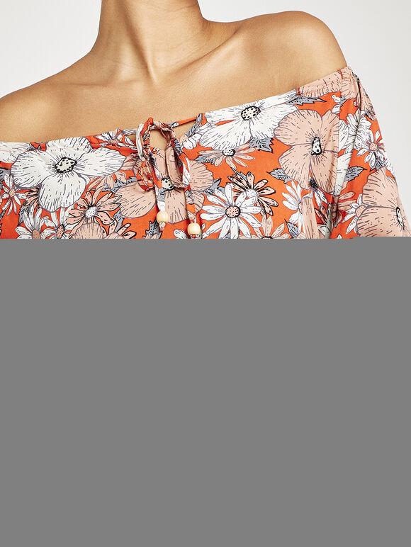 Retro Daisy Crochet Bardot Dress, Orange, large