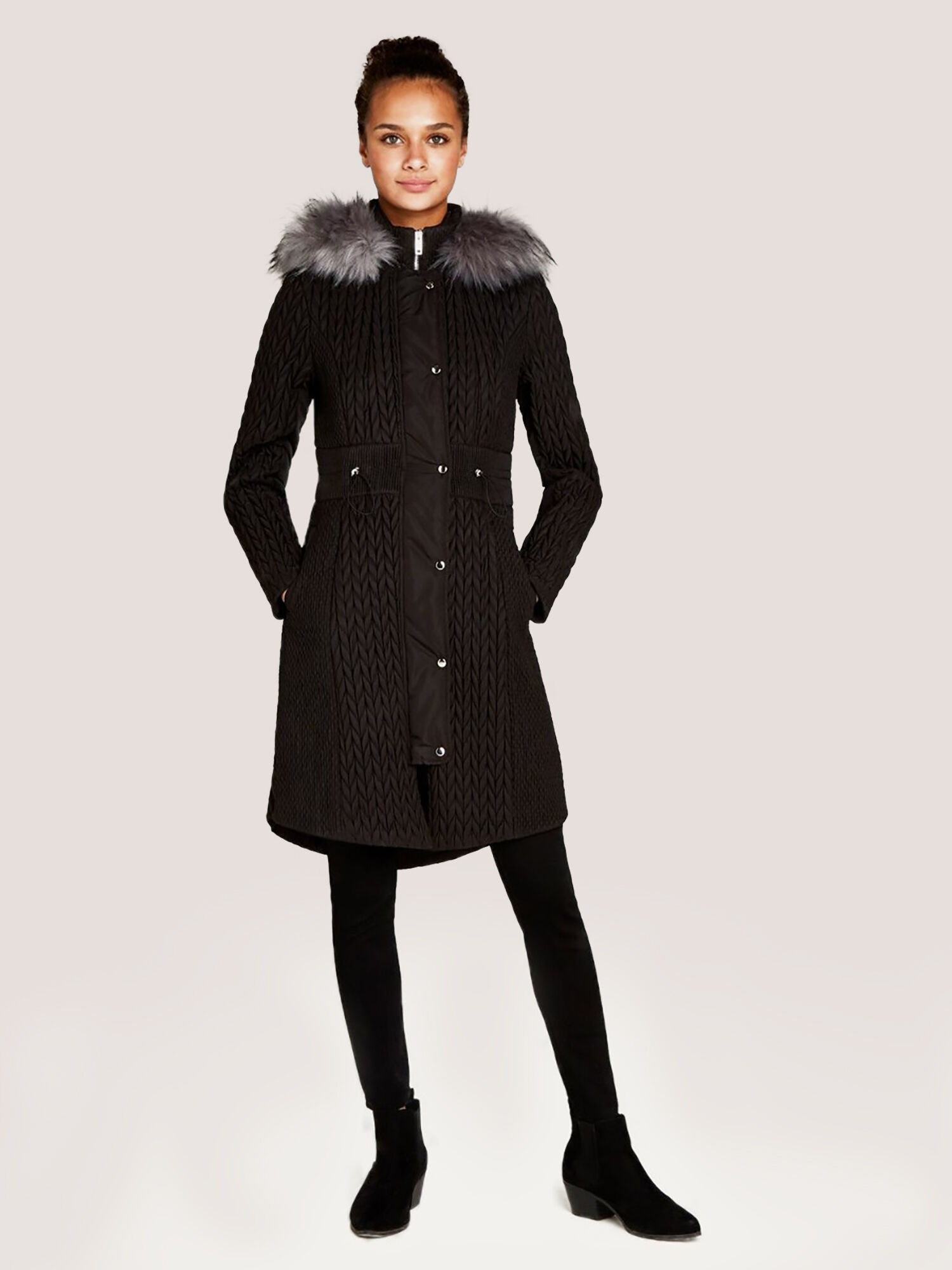 Black Quilted Chevron Fur Hood Jacket Apricot Clothing