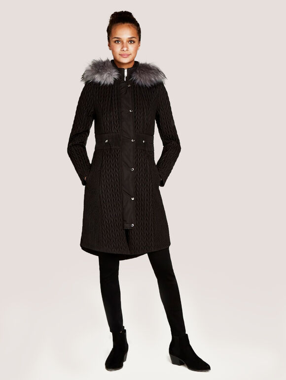 Black Quilted Chevron Fur Hood Jacket, Black, large