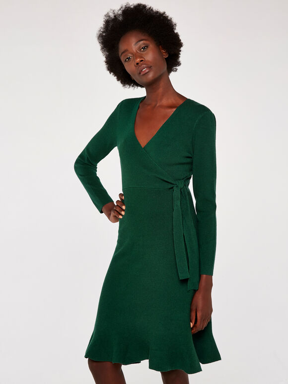 Knit Faux Wrap Ruffle Hem Dress, Green, large