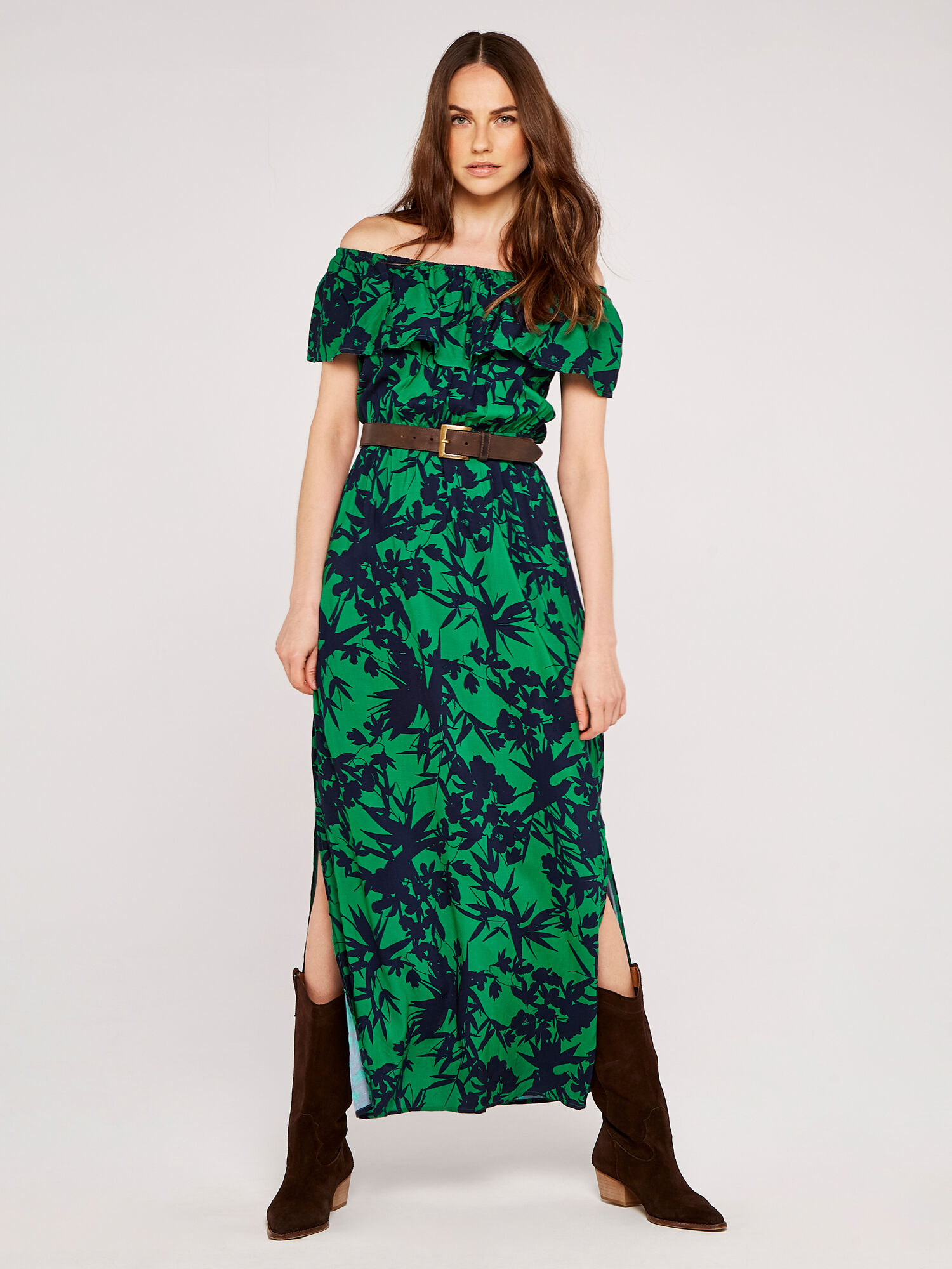Green floral bardot dress sales
