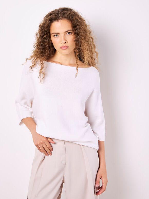 Stretch Knit Batwing Top, White, large