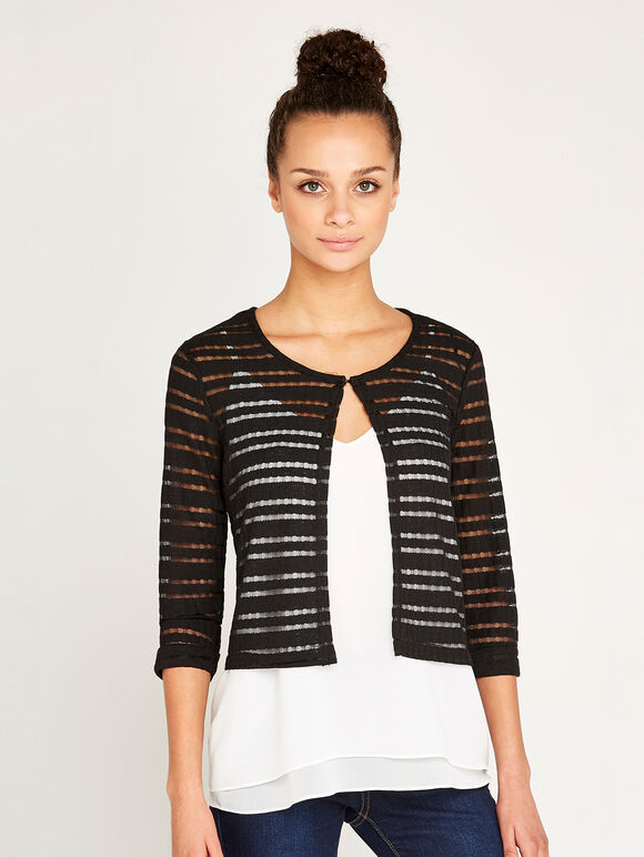 Self Stripe Open Mesh Shrug, Black, large