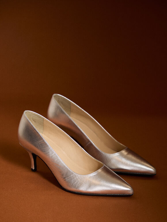Leather Stiletto Heel Shoes, Silver, large