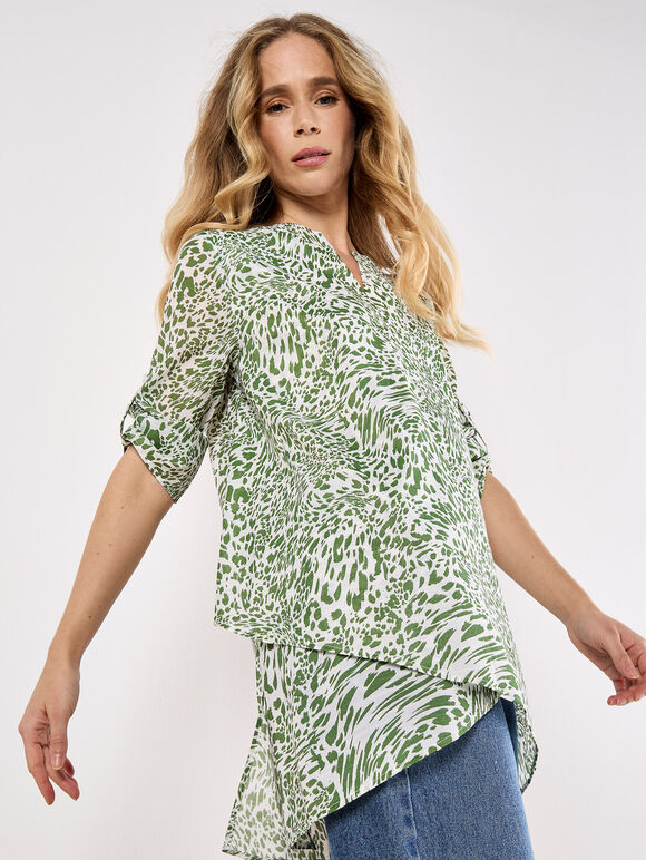 Mixed Animal Print Layered Blouse, Green, large