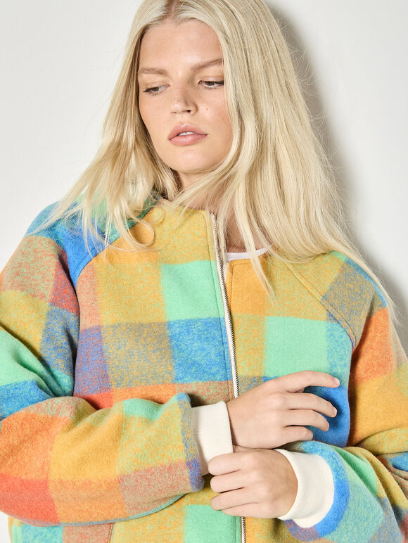 Reversible Check Fleece Quilted Jacket, Stone, large