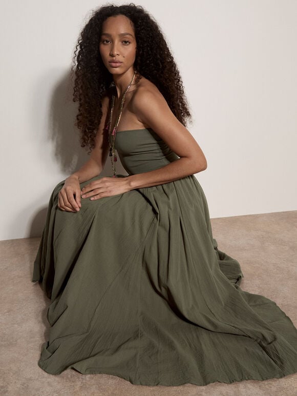 Jersey Waistband Cotton Midaxi Skirt, Khaki, large