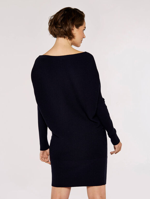 Ribbed Batwing Jumper Mini Dress, Navy, large