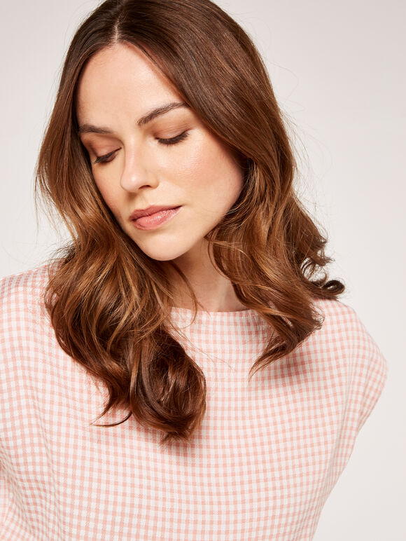 Gingham Shirred Crop Top, Pink, large