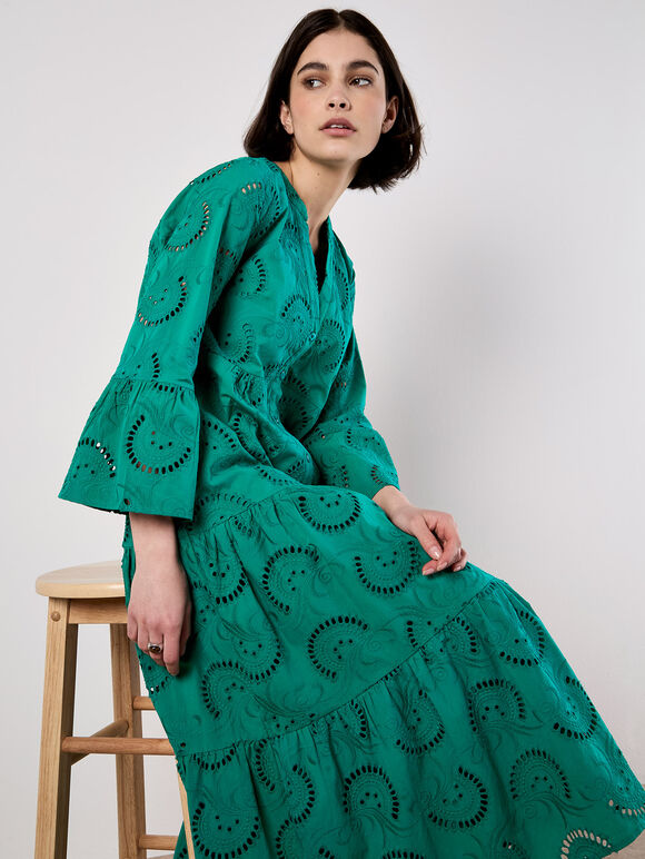 Broderie Tiered Midi Dress, Green, large
