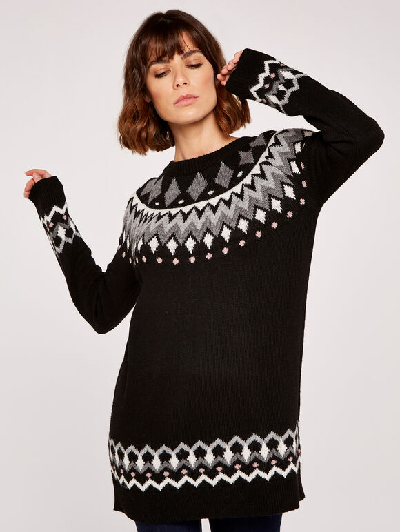 Fairisle Crew Neck Jumper Dress, Black, large