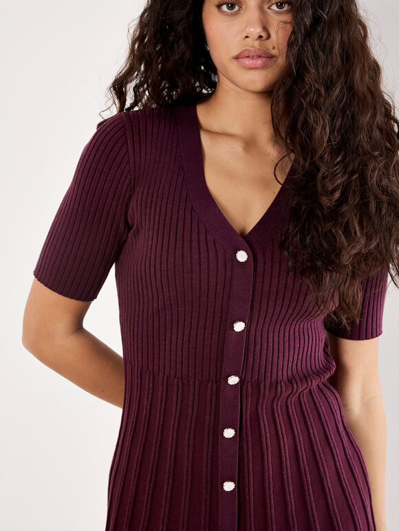 Ribbed Knit Fit And Flare Mini Dress, Burgundy, large