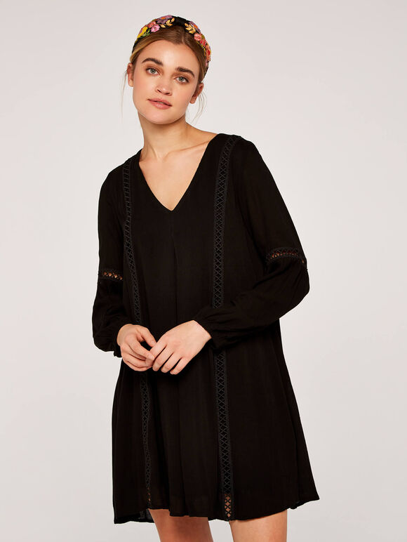 Lace Detail Smock Dress, Black, large