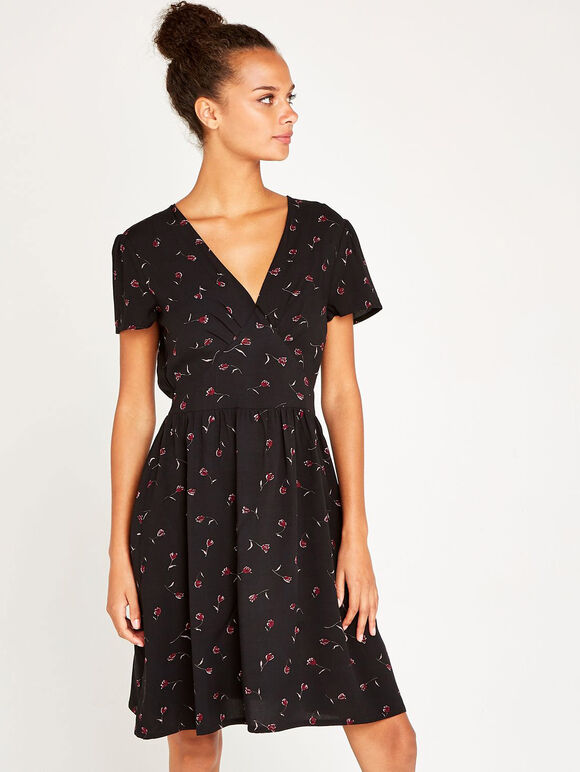 Black Vintage Ditsy Empire Dress, Black, large