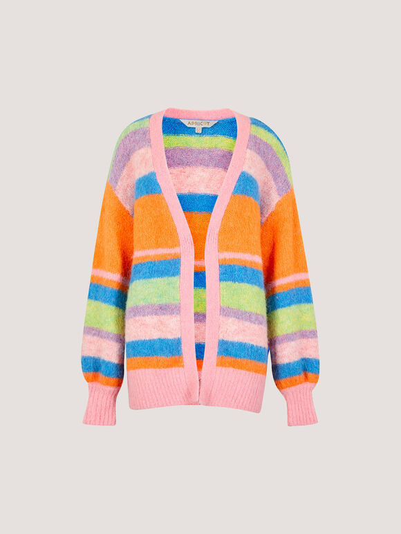 Colourful Stripe Fluffy Knit Cardigan, Pink, large