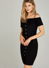 Button Down Ribbed Bardot Dress, Black, large