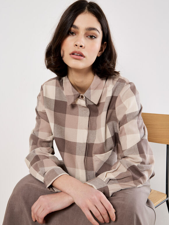 Check Print Cropped Shirt, Grey, large