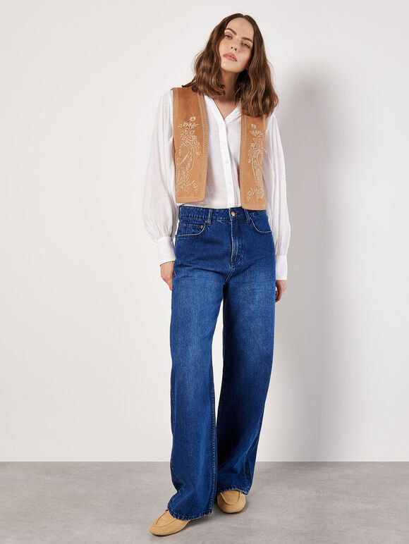 Embroidered Suedette Waistcoat, Brown, large