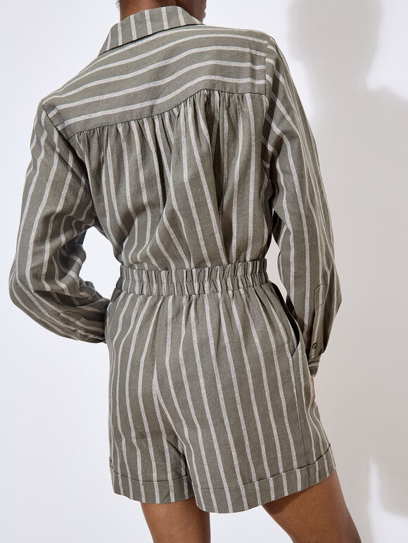 Linen Blend Stripe Shorts, Khaki, large