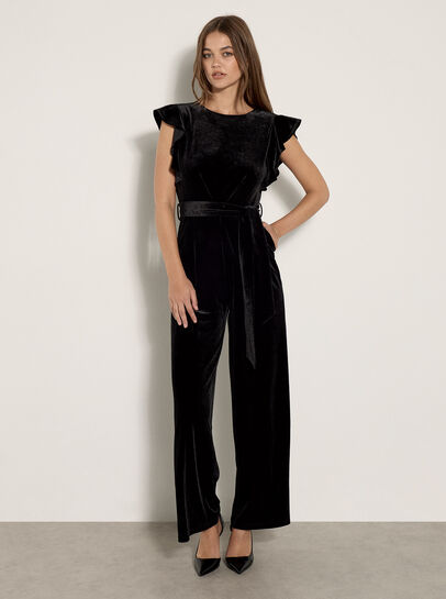 Wide Leg Velvet Ruffle Jumpsuit
