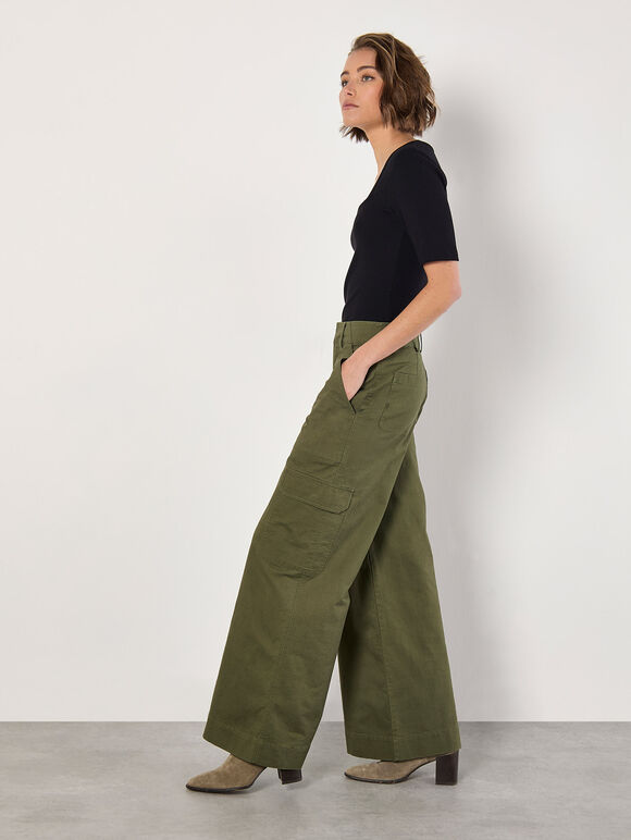 Wide Leg Cotton Cargo Trousers, Khaki, large