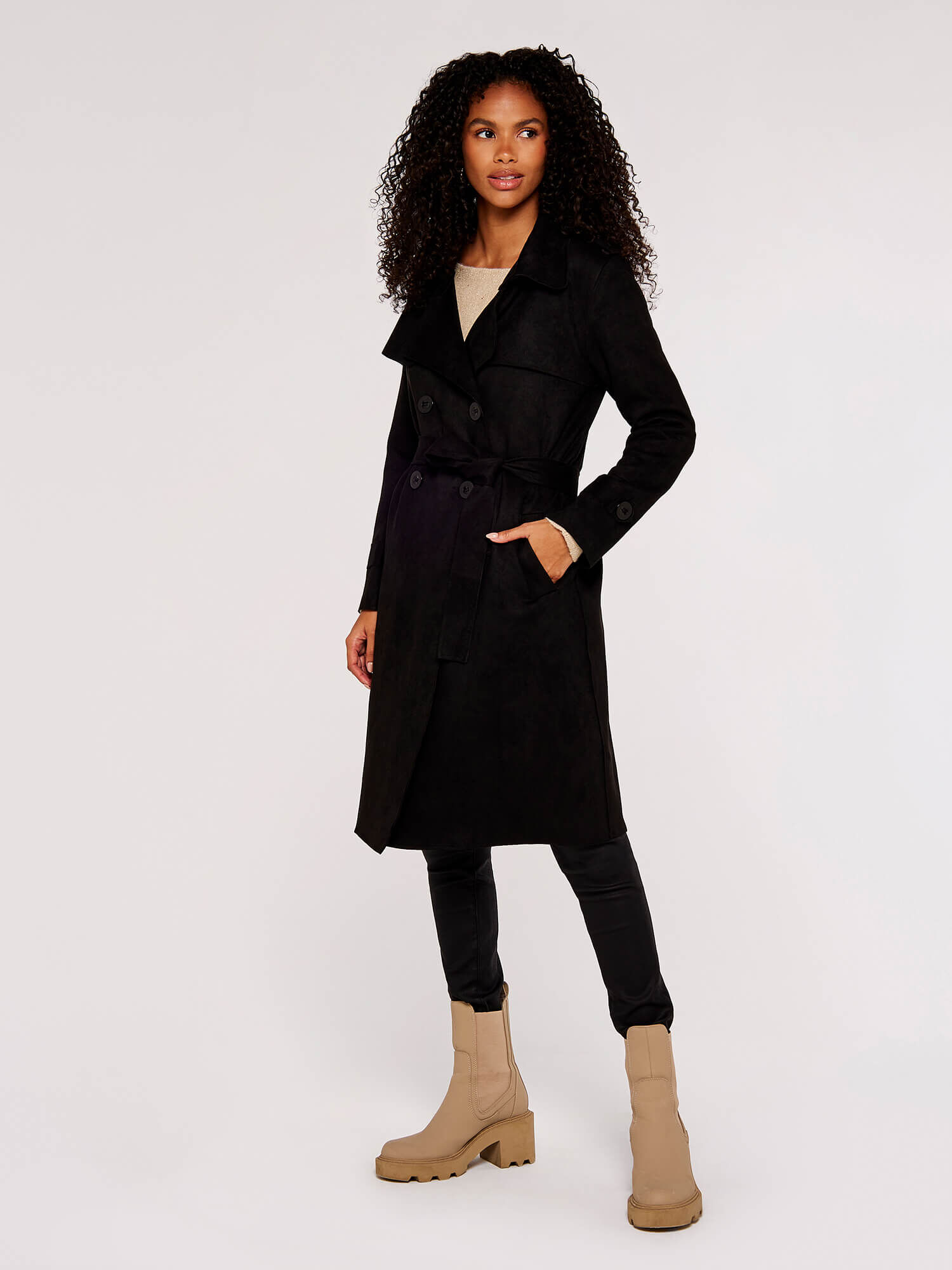 Double Breasted Suede Belted Trench Coat Apricot Clothing