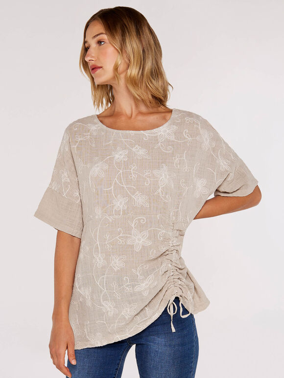 Flower Stitch  Ruched Top, Stone, large