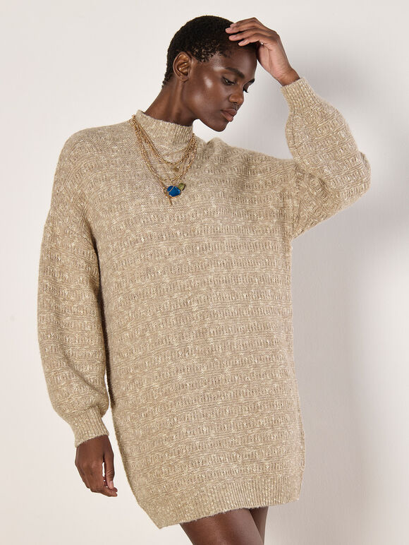 Flecked Knit Jumper Mini Dress, Stone, large