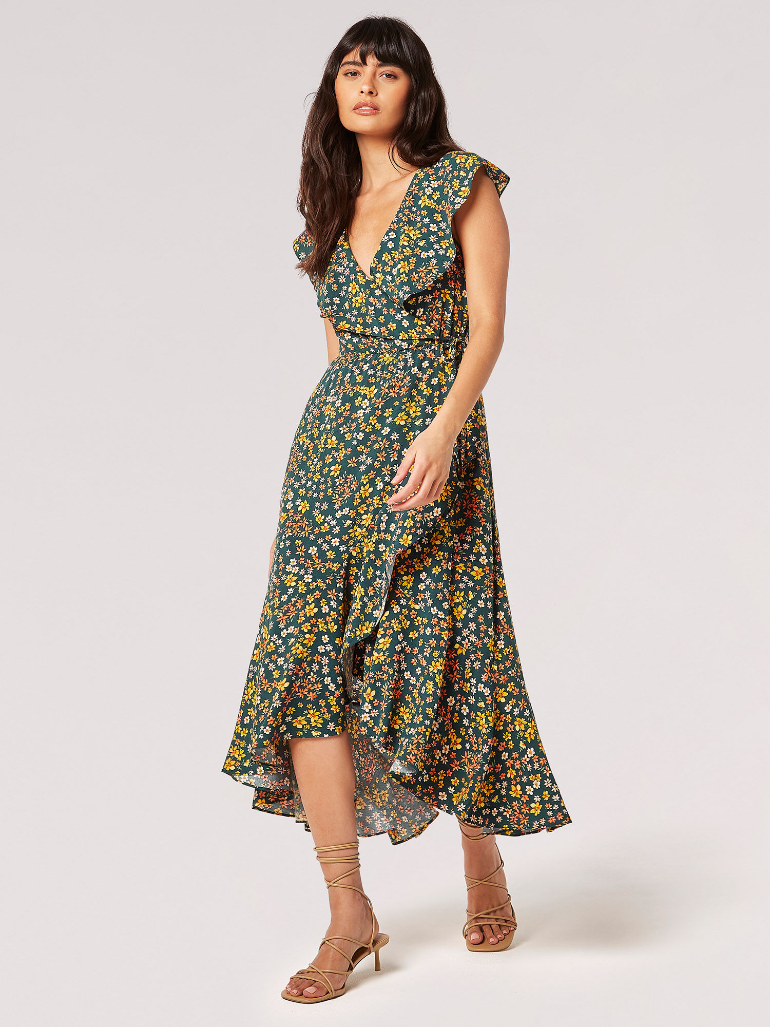 Ditsy Floral Ruffle Wrap Midi Dress Apricot Clothing