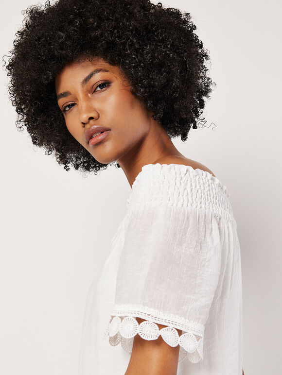 Crochet Lace Trim Bardot Top, Cream, large