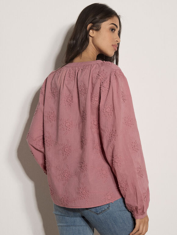 Floral Embroidered Cotton Blouse, Pink, large