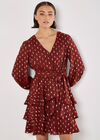 Gold Foil Spot Tiered Mini Dress, Burgundy, large