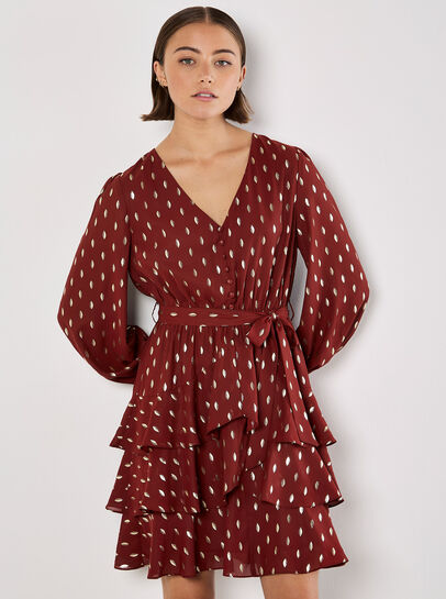 Gold Foil Spot Tiered Mini Dress