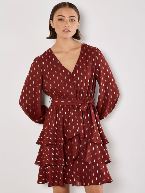 Gold Foil Spot Tiered Mini Dress, Burgundy, large