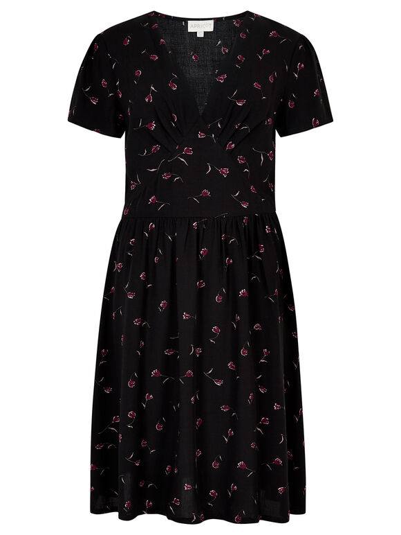Black Vintage Ditsy Empire Dress, Black, large