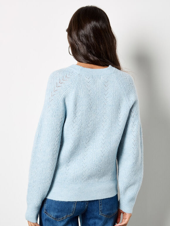 Chevron Pointelle Shimmer Jumper, Blue, large