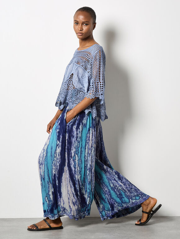 Tie Dye Crinkle Palazzo Trousers, Navy, large