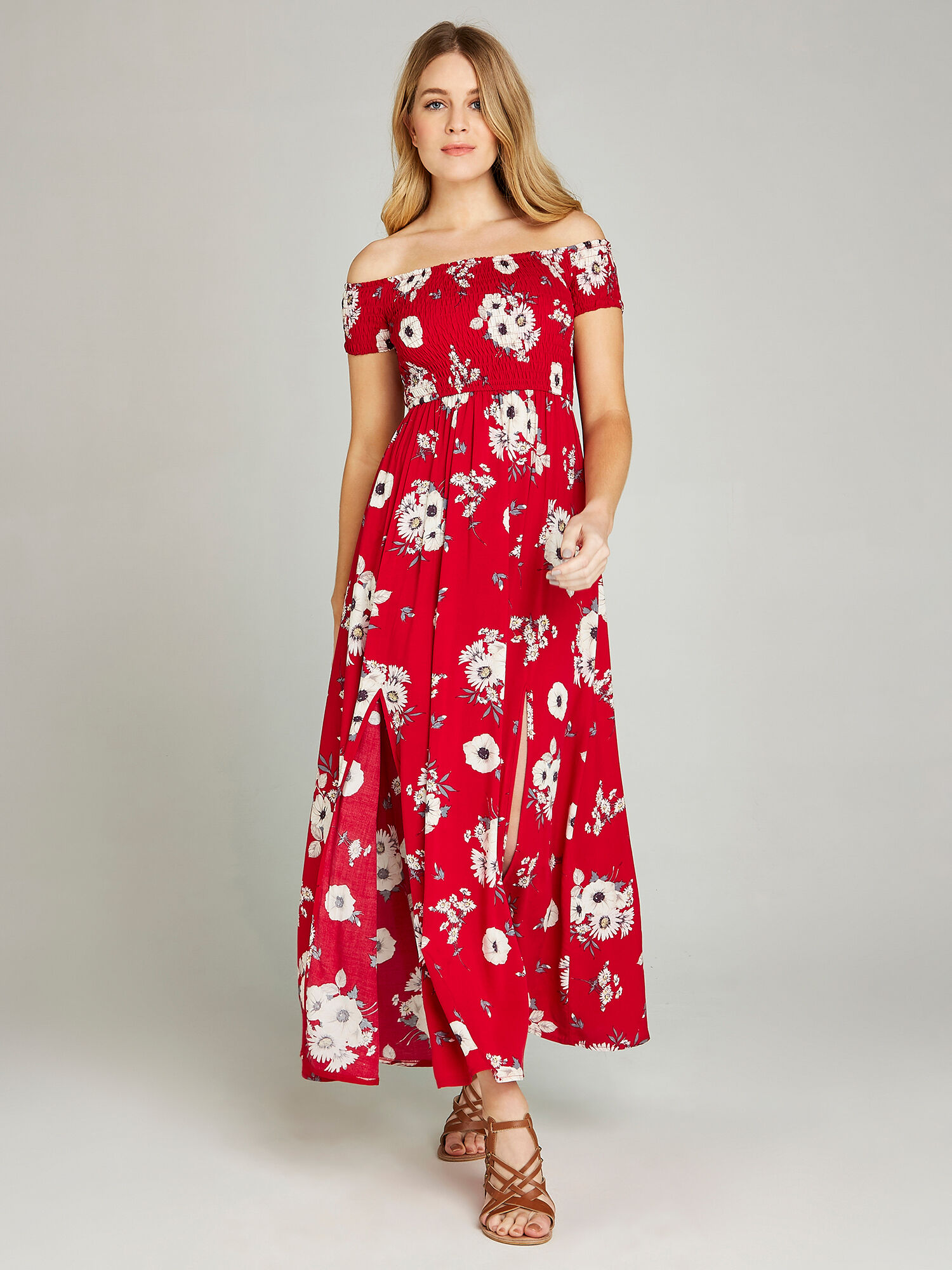 Poppy Daisy Floral Bardot Maxi Dress Apricot Clothing