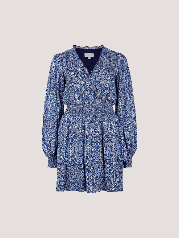 Batik Print Tiered Mini Dress, Navy, large