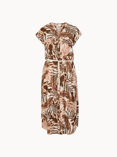 Tropical Leaf Linen Blend Shirt Midi Dress