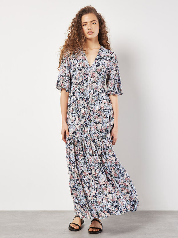 Watercolour Floral Shimmer Maxi Dress, Navy, large