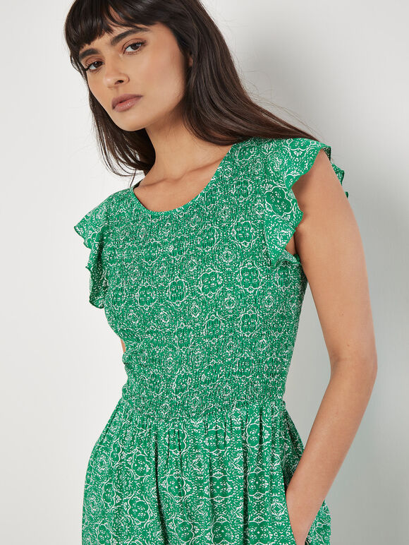 Mosaic Ruffle Sleeve Jumpsuit, Green, large