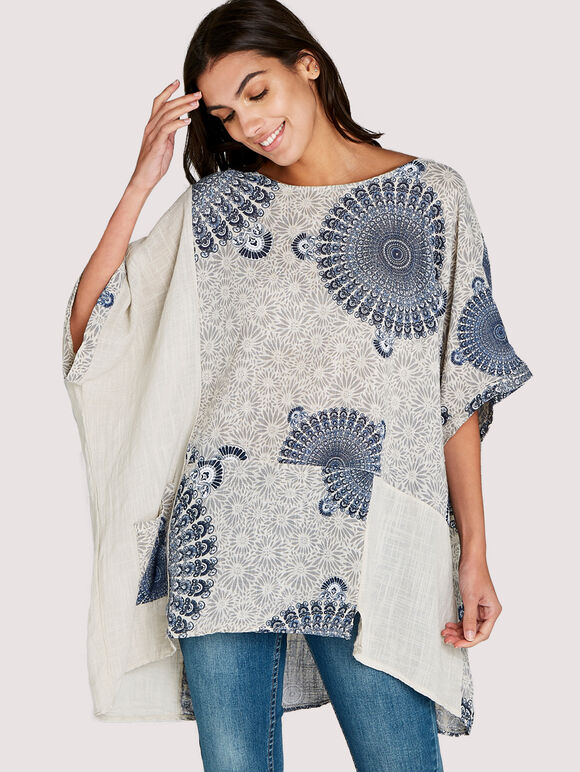 Stone Spirograph Panelled Slub Top, Stone - Beige, large