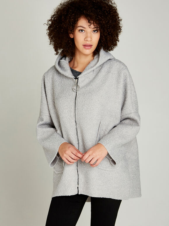 Boucle Borg Zip Through Cape, Grey, large