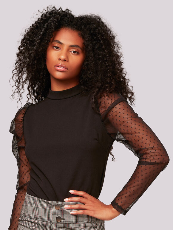 Mesh Sleeve Mock Neck Top, Black, large